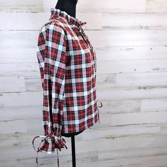 Victoria Dunn Women Plaid Ruffle Drawstring Top Small Red Preppy Coastal Cottage - Picture 3 of 15